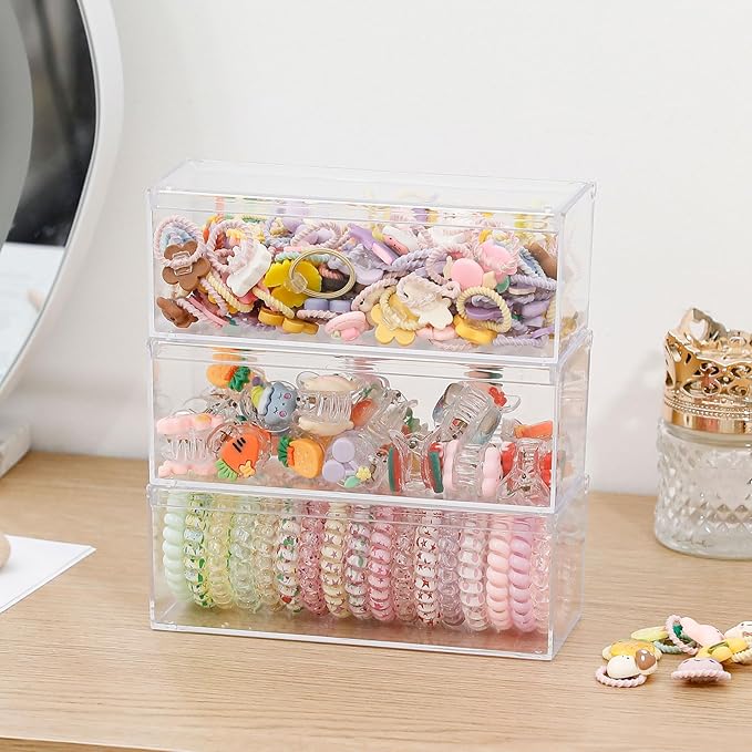 3 Pack Qtip Organizer Container with Lid, Plastic Bathroom Vanity Storage Canister for Cotton Swabs and Balls, Makeup Sponges, Hair Clips, Clear Counter and Desk Drawer Holder