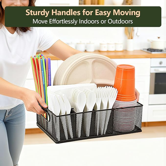 Metal Silverware Caddy for Countertop – 7 Compartment Paper Plate and Utensil Organizer with Side Handles – Cutlery Holder for Party, Buffet, Picnic, or Kitchen Table