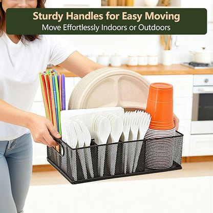 Metal Silverware Caddy for Countertop – 7 Compartment Paper Plate and Utensil Organizer with Side Handles – Cutlery Holder for Party, Buffet, Picnic, or Kitchen Table