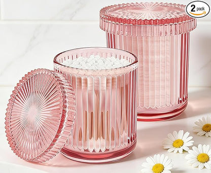 2 Pack Glass Qtip Holder Dispenser Set - Bathroom Organizer for Cotton Swabs, Balls, Pads, Floss Picks - Clear Apothecary Jars for Vanity, Makeup Storage, Bathroom Accessories Decor (Pink)