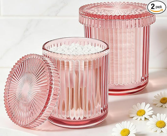 2 Pack Glass Qtip Holder Dispenser Set - Bathroom Organizer for Cotton Swabs, Balls, Pads, Floss Picks - Clear Apothecary Jars for Vanity, Makeup Storage, Bathroom Accessories Decor (Pink)