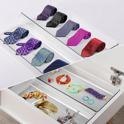 6 Pcs Large Clear Plastic Drawer Organizers Tray 15" x 6.3" Storage Bins with 25 Pcs Non-Slip Pads for Makeup, Jewelries, Kitchen Utensils, Bathroom and Office