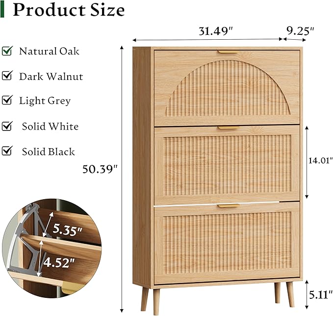 Xixini Shoe Storage Cabinet with 3 Flip Drawers, 50" Tall Narrow Wood Fluted Shoe Organizer for Entryway, Freestanding Wooden Hidden Slim Shoe Rack for Front Door Entrance, Hallway, Foyer, Natural Oak