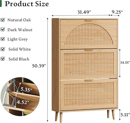 Xixini Shoe Storage Cabinet with 3 Flip Drawers, 50" Tall Narrow Wood Fluted Shoe Organizer for Entryway, Freestanding Wooden Hidden Slim Shoe Rack for Front Door Entrance, Hallway, Foyer, Natural Oak