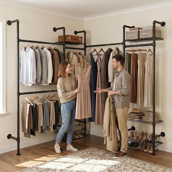 Wall Mounted Closet System – Adjustable Clothing Rack with 6 Hanging Clothes Rods( 4 Expandable Rods) & 6 Shelves, Heavy Duty Industrial Pipe Clothes Rack for Closet Organizer and Storage, Black