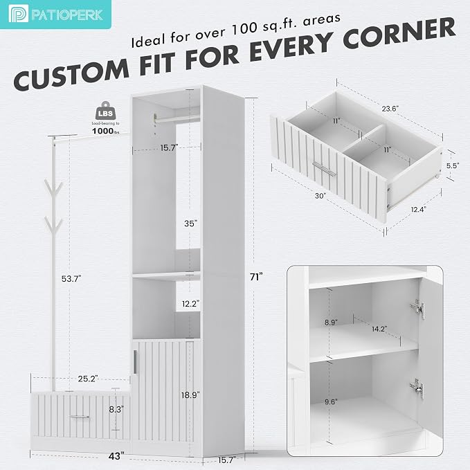 PatioPerk Closet System,Closet Organizer with Hanging Rods & Storage Shelves,Wardrobe Clothes Rack with Drawers and coat tree, Modern Garment Rack for Dressing Room, Hallway, White