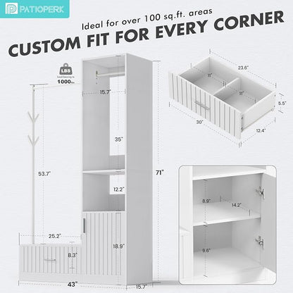 PatioPerk Closet System,Closet Organizer with Hanging Rods & Storage Shelves,Wardrobe Clothes Rack with Drawers and coat tree, Modern Garment Rack for Dressing Room, Hallway, White