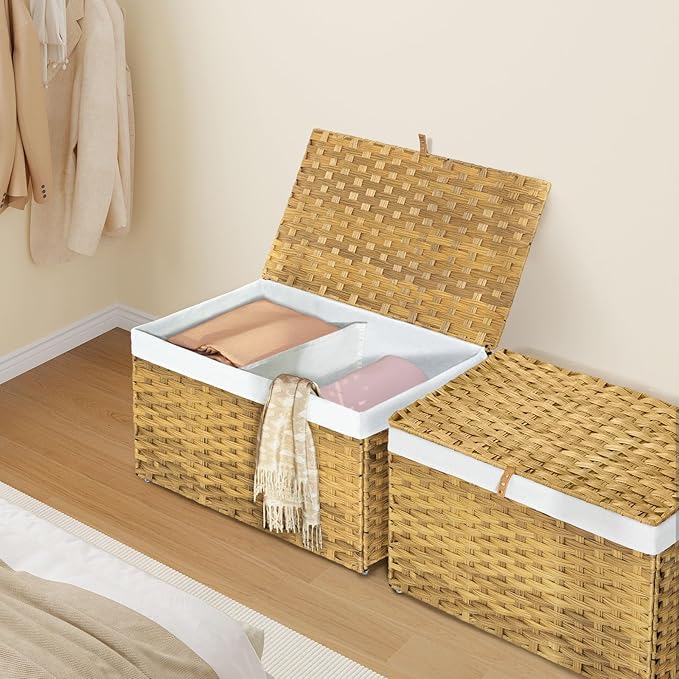 Greenstell Storage Basket with Lid, 105L Large Wicker Basket with Lid, Handwoven Blanket Storage Basket with Handles, Removable Cotton Liner, Metal Frame, Foldable for Bedroom, Laundry Room, Natural