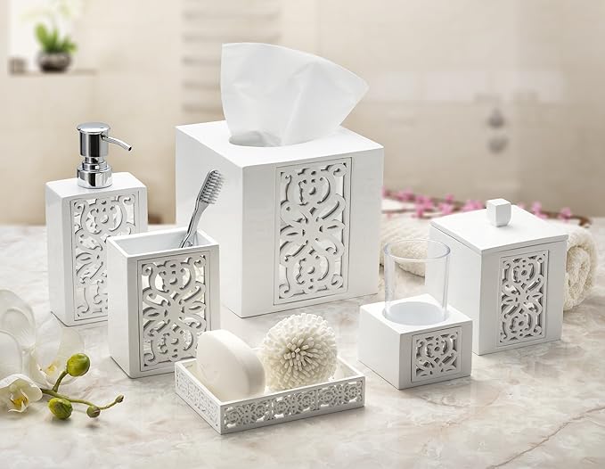 Creative Scents Mirror Janette White Qtip Holder With Lid - Decorative Cotton Ball Jar - Durable Cotton Swab Container - Beautiful Bathroom Vanity Accessories - Elegant Bath Storage