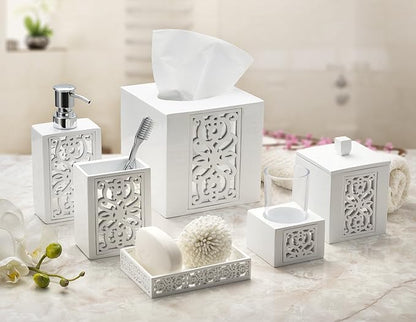 Creative Scents Mirror Janette White Qtip Holder With Lid - Decorative Cotton Ball Jar - Durable Cotton Swab Container - Beautiful Bathroom Vanity Accessories - Elegant Bath Storage