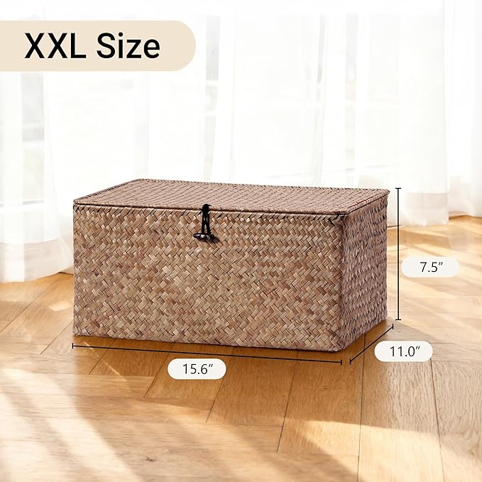 Nonam Seagrass Storage Large Basket with Lid,Wicker Basket Storage Bin with Lid for Shelves,Boho Decor,Handwoven Shelf Basket for Organizing-Storage Container Box for Home Organization-Coffee