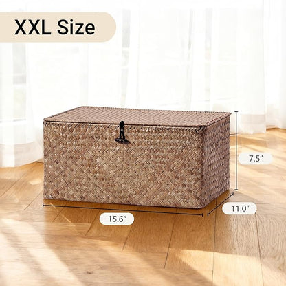 Nonam Seagrass Storage Large Basket with Lid,Wicker Basket Storage Bin with Lid for Shelves,Boho Decor,Handwoven Shelf Basket for Organizing-Storage Container Box for Home Organization-Coffee