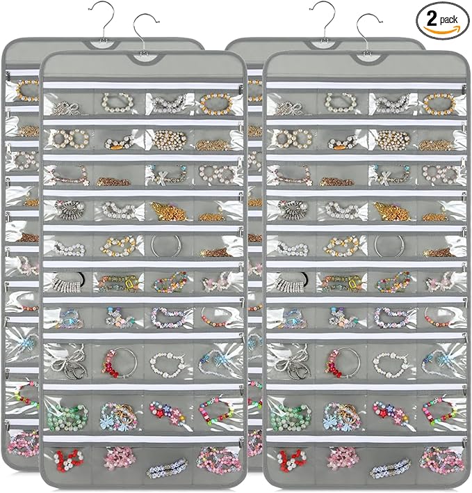 2 Pack Hanging Jewelry Organizer with 80 Zippered Pockets, Dual-Sided Dustproof Foldable for Travel, Accessories Organizer for Holding Jewelries, Earring Organizers and Storage