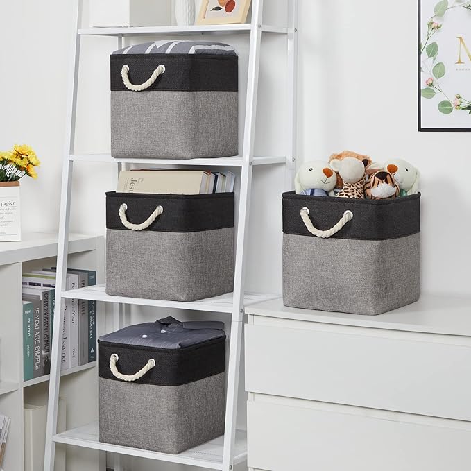 Temary Storage Baskets 4 Pack Fabric Storage Cubes Basket for Organizing, Collapsible Cloth Baskets with Handles for Shelves, Home, Closet (Black&Gray)