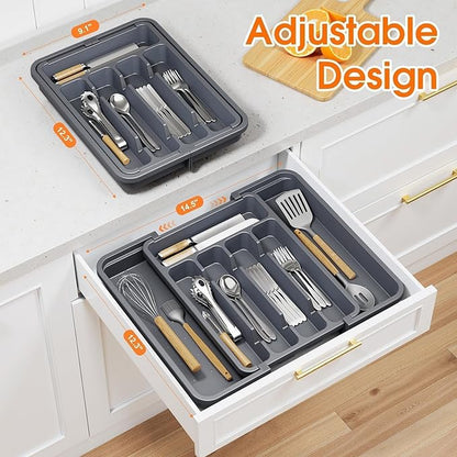 SpaceHacks Silverware Organizer，Adjustable & Expandable Utensil Drawer Organizer, BPA Free Utensil Holder, Cutlery Tray for Forks, Spoons, Knives in Kitchen, Medium, Grey