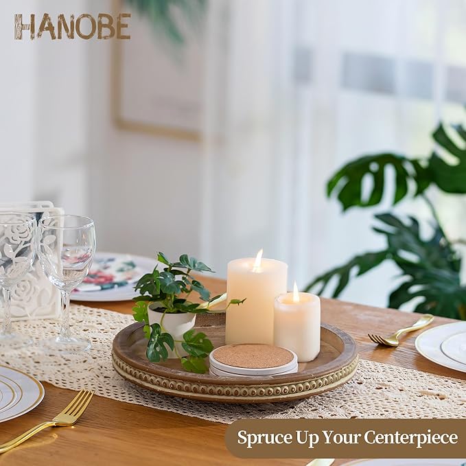 Hanobe Lazy Susan Centerpiece Tray: Round Wooden Turntable Organizer 12" for Dining Table Kitchen Counter Coffee Table Home Decor with Beaded Brown
