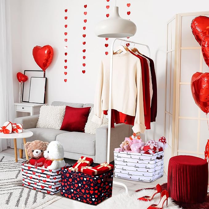 Geelin 3 Pcs Valentines Baskets Storage Valentine's Day Basket for Gifts Collapsible Waterproof Canvas Red White Black Heart Storage Bin Organizer with Handles for Book Closet Shelf Nursery Decor