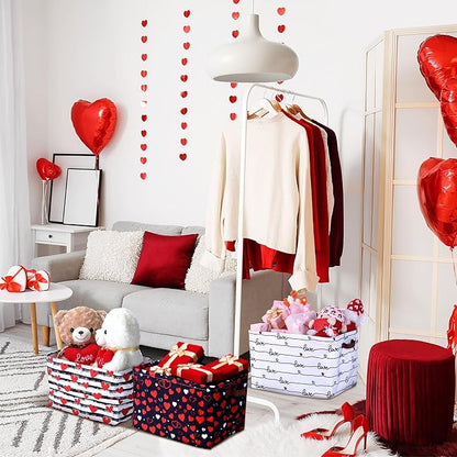 Geelin 3 Pcs Valentines Baskets Storage Valentine's Day Basket for Gifts Collapsible Waterproof Canvas Red White Black Heart Storage Bin Organizer with Handles for Book Closet Shelf Nursery Decor