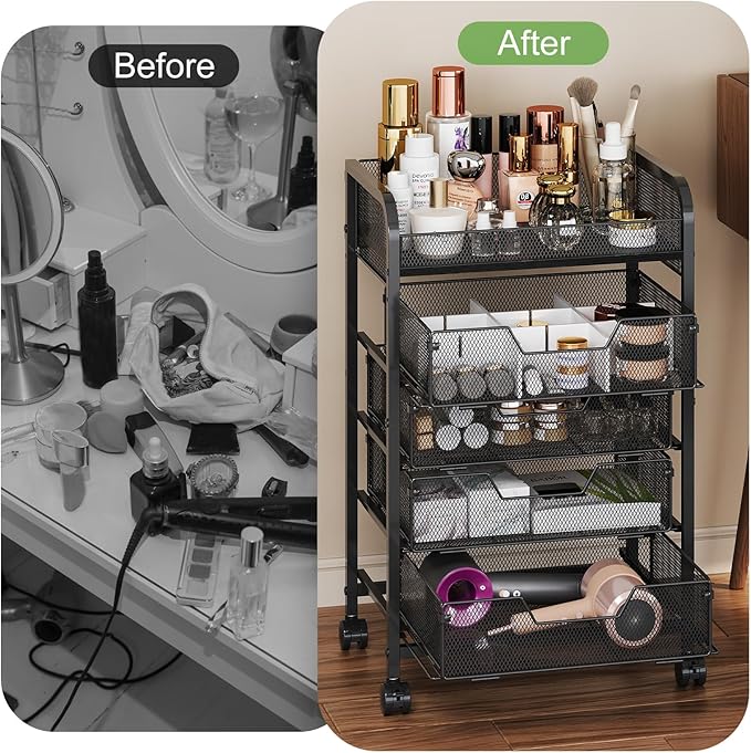 Hongtamoya Makeup Cart Organizer with 4 Drawers, Vanity Storage Organizer, Large Floor Skincare Organizers Cosmetics Display Cases for Skin Care Perfume Nail Polish, Black