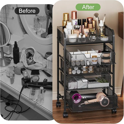 Hongtamoya Makeup Cart Organizer with 4 Drawers, Vanity Storage Organizer, Large Floor Skincare Organizers Cosmetics Display Cases for Skin Care Perfume Nail Polish, Black
