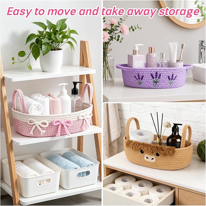 Toilet Bow Paper Basket–Woven Rope Pink Bow Decorative Bathroom Decor Organizer Toilet Tank Top Storage Basket, Oval Shelf Bin with Handles, Over Bedroom Wedding Paper Holder, 13" D x 4" H in
