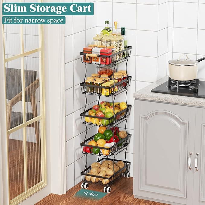 CHLORYARD 5 Tier Slim Fruit Basket for Kitchen, Stackable Wire Fruit Vegetable Storage Baskets Organizer Stand on Wheels, Metal Produce Basket Potato Onion Storage Bins Rack for Pantry, Black