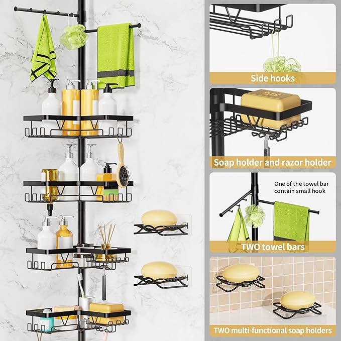 DAOYA Shower Caddy Tension Pole, 4 Adjustable Corner Shower Caddy with 2 Towel Bars & 2 Soap Holders, Expands 25 to 114.2 Inches, Black Stainless Steel for bathroom/Tub/Corner
