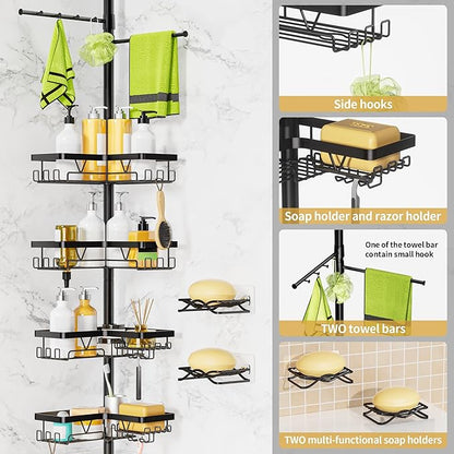 DAOYA Shower Caddy Tension Pole, 4 Adjustable Corner Shower Caddy with 2 Towel Bars & 2 Soap Holders, Expands 25 to 114.2 Inches, Black Stainless Steel for bathroom/Tub/Corner