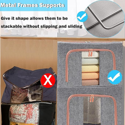Linen Clothes Storage Bags, Sturdy Closet Organizers and Storage Bin with Hold Shape Metal Frame, 2 Opening Ways Fabric Visible Lidded Storage Box for Organizing Clothing,Bedding (2 Pack, 24L)