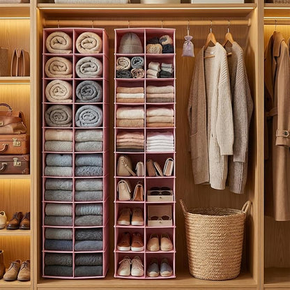Hanging Shoe Organizer for Closet, 20 Sections Hanging Closet Organizers and Storage Shelves, Space Saving Shoe Storage Rack Holder, Pink, 12''W×12''Dx 50''H
