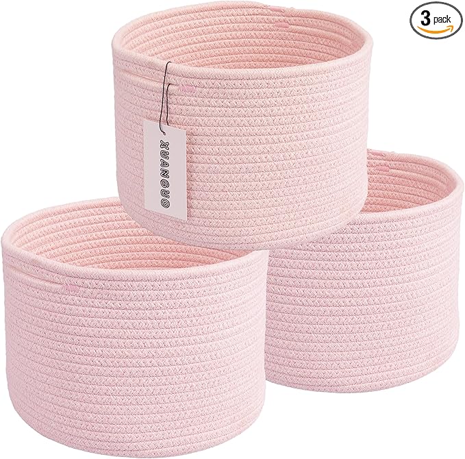 XUANGUO Woven Cotton Rope Storage Baskets - 3-Pack Round Bins (10x10x7'') for Shelves, Closets & Bookcases | Durable Rope Organizers for Nursery, Baby, Toys, Easter & More (pink)