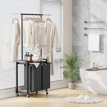 IDEALHOUSE 2-Section Laundry Sorter,Rolling Laundry Hamper with Hanging Rack & Shelf, 2× 11.7 Gal (44.3 L), Basket Organizer with Lockable Wheels,Folding Station for Bedroom, Bathroom