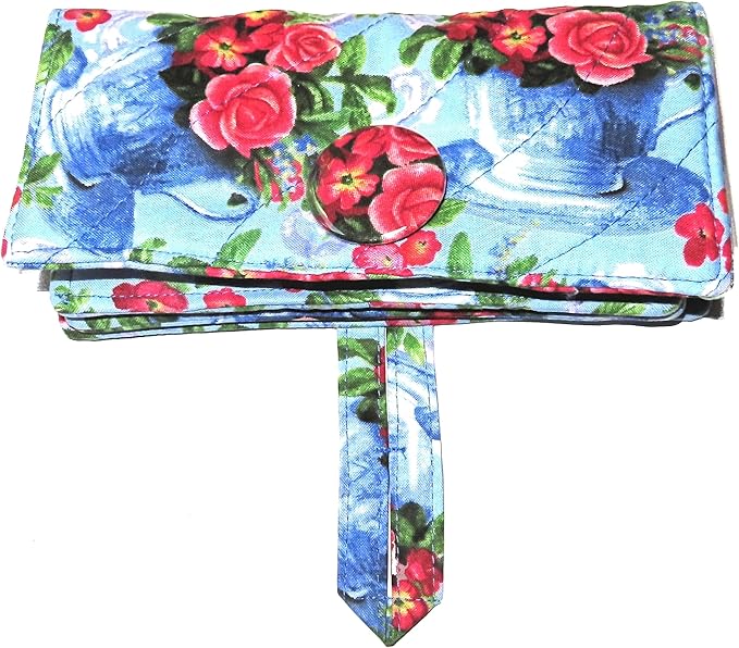 Tea Bag Wallet with Twelve Pockets XL Holder in Your Fabric Choice: Vintage Blue Tea Cups & Roses, Blue Birds & Teapots, Includes 4 Tea Bags, Tea Lover Gift, Quilted Handmade