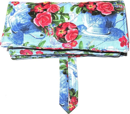 Tea Bag Wallet with Twelve Pockets XL Holder in Your Fabric Choice: Vintage Blue Tea Cups & Roses, Blue Birds & Teapots, Includes 4 Tea Bags, Tea Lover Gift, Quilted Handmade