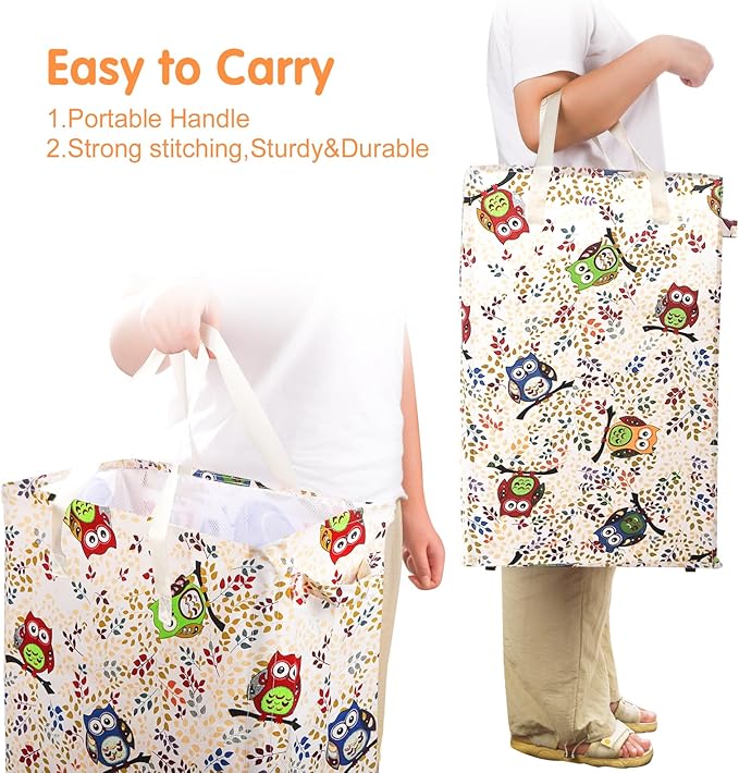 Odonata Slim Laundry Hamper Handles Collapsible Laundry Basket Thin Dirty Clothes Basket Narrow Laundry Bag Foldable Dirty Hamper 48L (Owl)