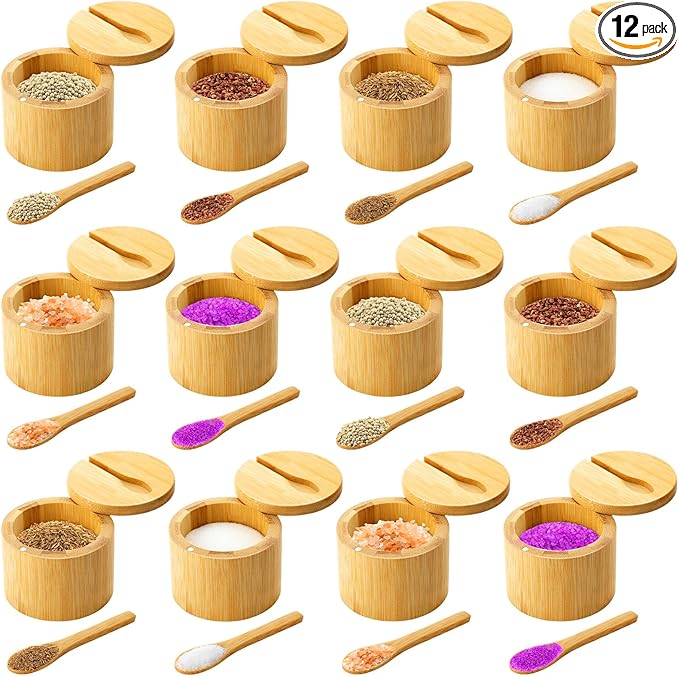Honeydak 12 Pcs 6oz Bamboo Salt Cellar Salt Container with Magnetic Swivel Lid & Spoon Bamboo Storage Box Kitchen Holder Jar to Storage Pepper Spice Sea Sugar for Countertop (1 Compartment)