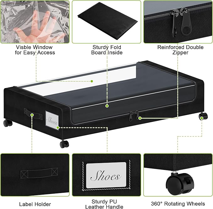 Tututry Under Bed Storage with Wheels, XXL 60L Under the Bed Storage Bins, Underbed Storage Containers with Lids & Label, Rolling Metal Drawer for Shoes, Clothes, Books, Toys (2-Pack Black)