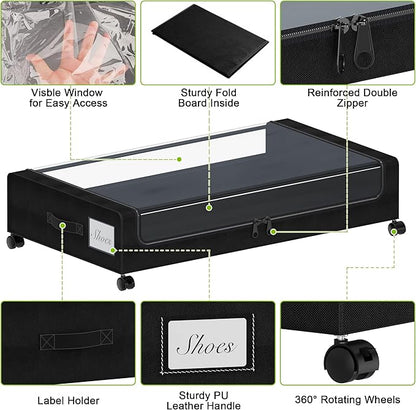 Tututry Under Bed Storage with Wheels, XXL 60L Under the Bed Storage Bins, Underbed Storage Containers with Lids & Label, Rolling Metal Drawer for Shoes, Clothes, Books, Toys (2-Pack Black)
