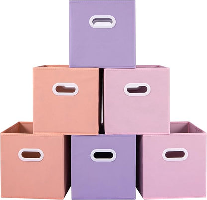 Stero Fabric Storage Bins 6 Pack Fun Colored Durable Storage Cubes with Plastic Handles Foldable Cube Baskets for Home, Kids Room, Closet and Toys Organization Multi Colored