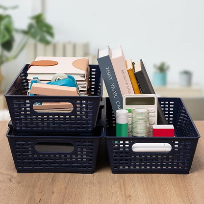 Tiawudi Stackable Woven Plastic Basket, Storage Bins for Cabinet, Closet, Shelf, Under Sink and Countertop, Pantry Organizer Bins, 6 Pack