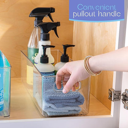 Plastic Food Storage 4 Pack Clear Container Bin with Handles for Organizing Kitchen, Pantry, Fridge, Freezer, Pantry, Bathroom. 14"x6"5"