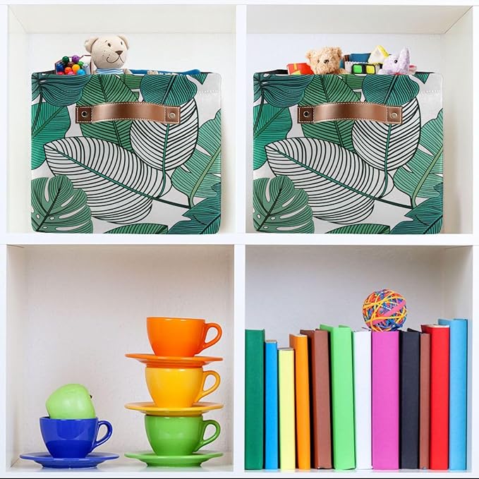 Tropical Leaves Bin - Large Storage Basket for Home Office, 15x11x9.5inch, 2PACK