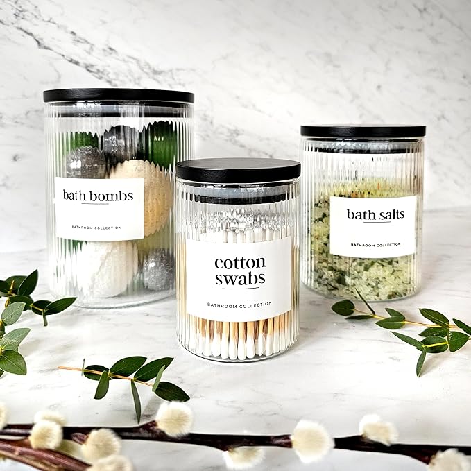 Mason & Fable 3x Ribbed Glass Bathroom Jars with Airtight Black Bamboo Lids | Cotton Pad/Buds/Q tip Holder | Bath Salt/Small Makeup/Apothecary Storage Canister- 10, 20 & 40 fl.oz