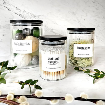 Mason & Fable 3x Ribbed Glass Bathroom Jars with Airtight Black Bamboo Lids | Cotton Pad/Buds/Q tip Holder | Bath Salt/Small Makeup/Apothecary Storage Canister- 10, 20 & 40 fl.oz