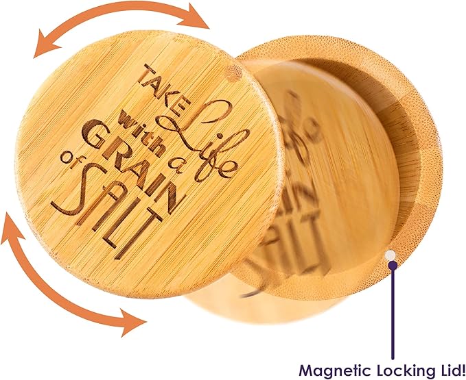Totally Bamboo Salt Cellar Bamboo Storage Box with Magnetic Swivel Lid, 6 Ounce Capacity, "Take Life with a Grain of Salt" Engraved on Lid