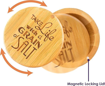 Totally Bamboo Salt Cellar Bamboo Storage Box with Magnetic Swivel Lid, 6 Ounce Capacity, "Take Life with a Grain of Salt" Engraved on Lid