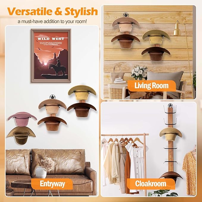 Cowboy Hat Holder Rack Organizer: 6 Hats Cowboy Hat Holder for Wall Mount, Detachable Wooden Western Metal Rustic Hat Hanger Storage, Hat Rack for Cowgirl Hat, Fedora, Sun Hats