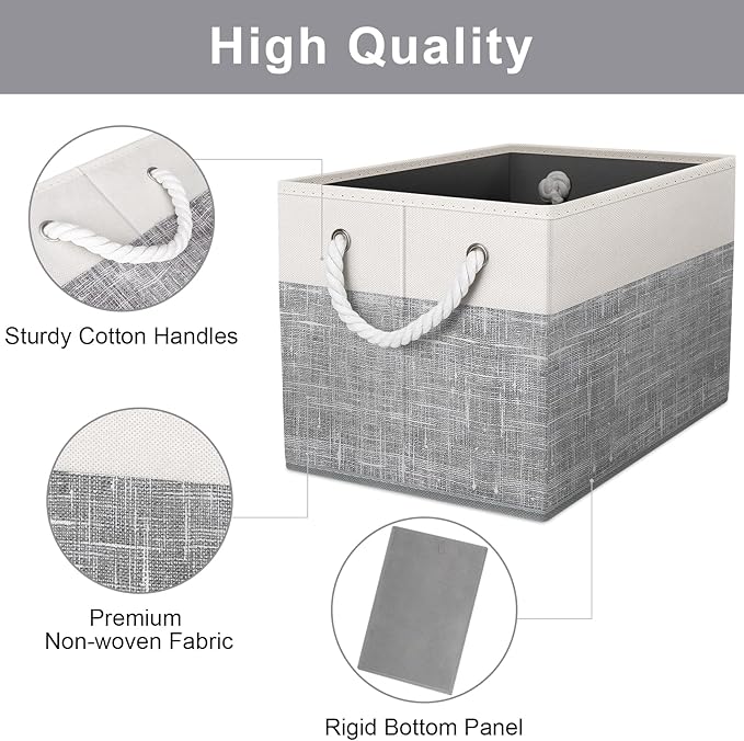 Fab totes Storage Bins 2-Pack, Foldable Storage Baskets for Organizing Toys, Books, Shelves, Closet, Large Storage Box with Rope Handles, Sturdy Organizer Bins, White & Grey