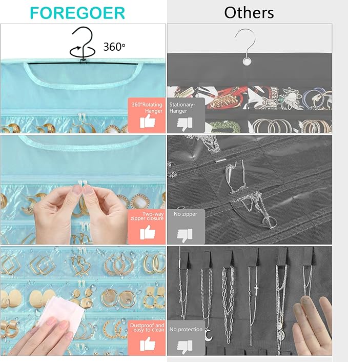 FOREGOER Hanging Jewelry Organizer with 88 Zippered Pockets, Dustproof Foldable for Travel, Accessories Organizer for Holding Jewelries Earring Organizers and Storage (Blue)