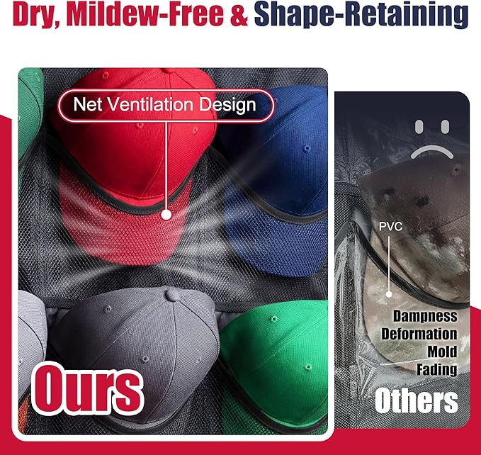 Hat Organizer for Baseball Caps, 24 Deep Pockets Hat Rack, Breathable & Visible, Black Hat Holder with 3 Hooks for Door, Bedroom, Closet Organizer